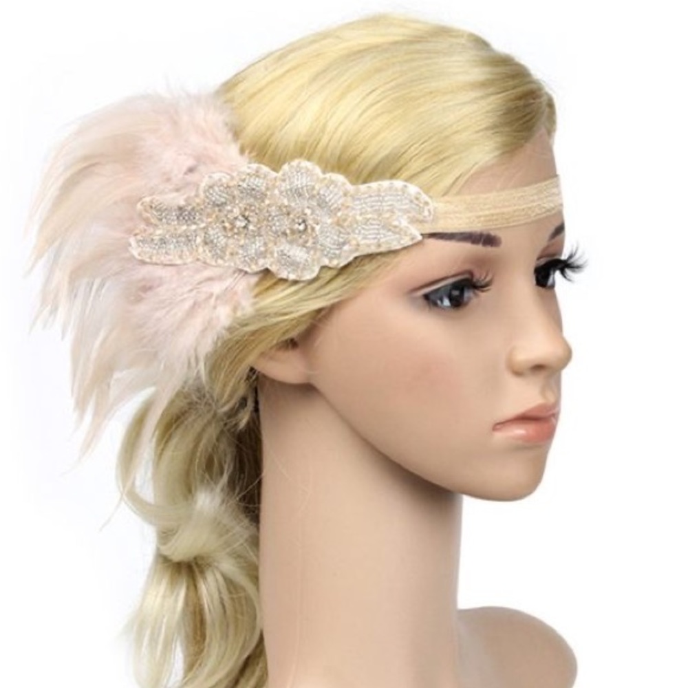 Vintage Flapper Sparkly Headband Hairband Headpiece with Light Pink Feathers.